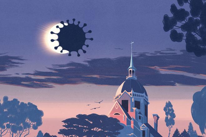 Graphic of Johns Hopkins dome with coronavirus eclipsing the moon